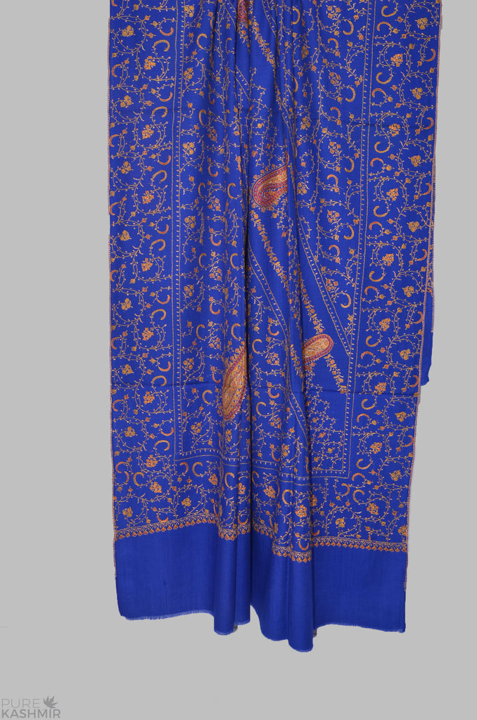Royal Blue Jali Merino Sozni Hand Embroidery Shawl