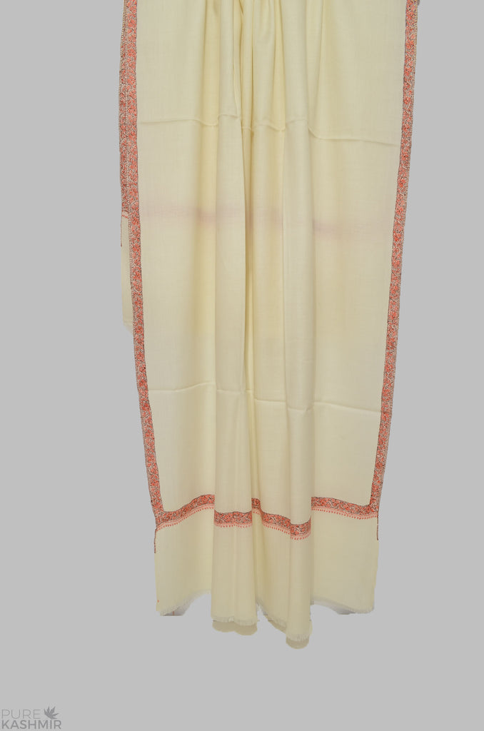 Ivory Hashidar Merino Sozni Hand Embroidery Shawl