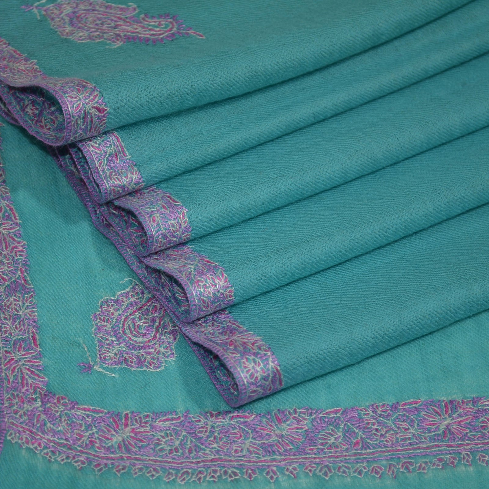 Aqua Green Border Embroidery Pashmina Cashmere Scarf