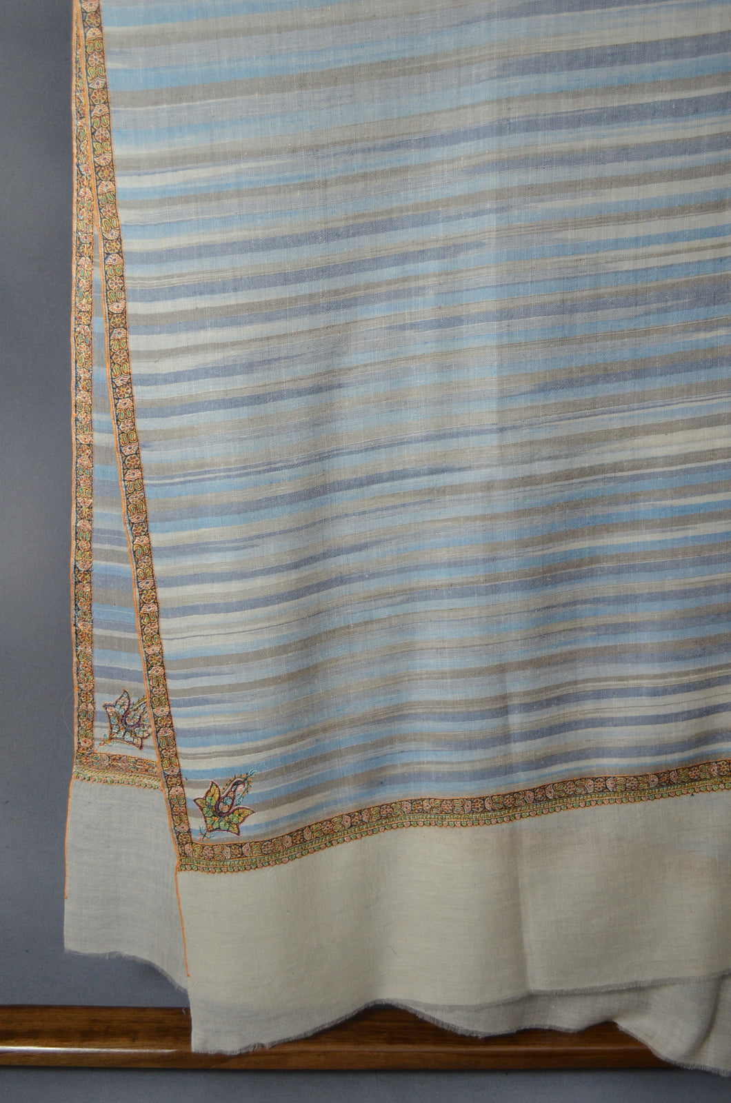 Blue Ikat Border Embroidery Cashmere Pashmina Shawl