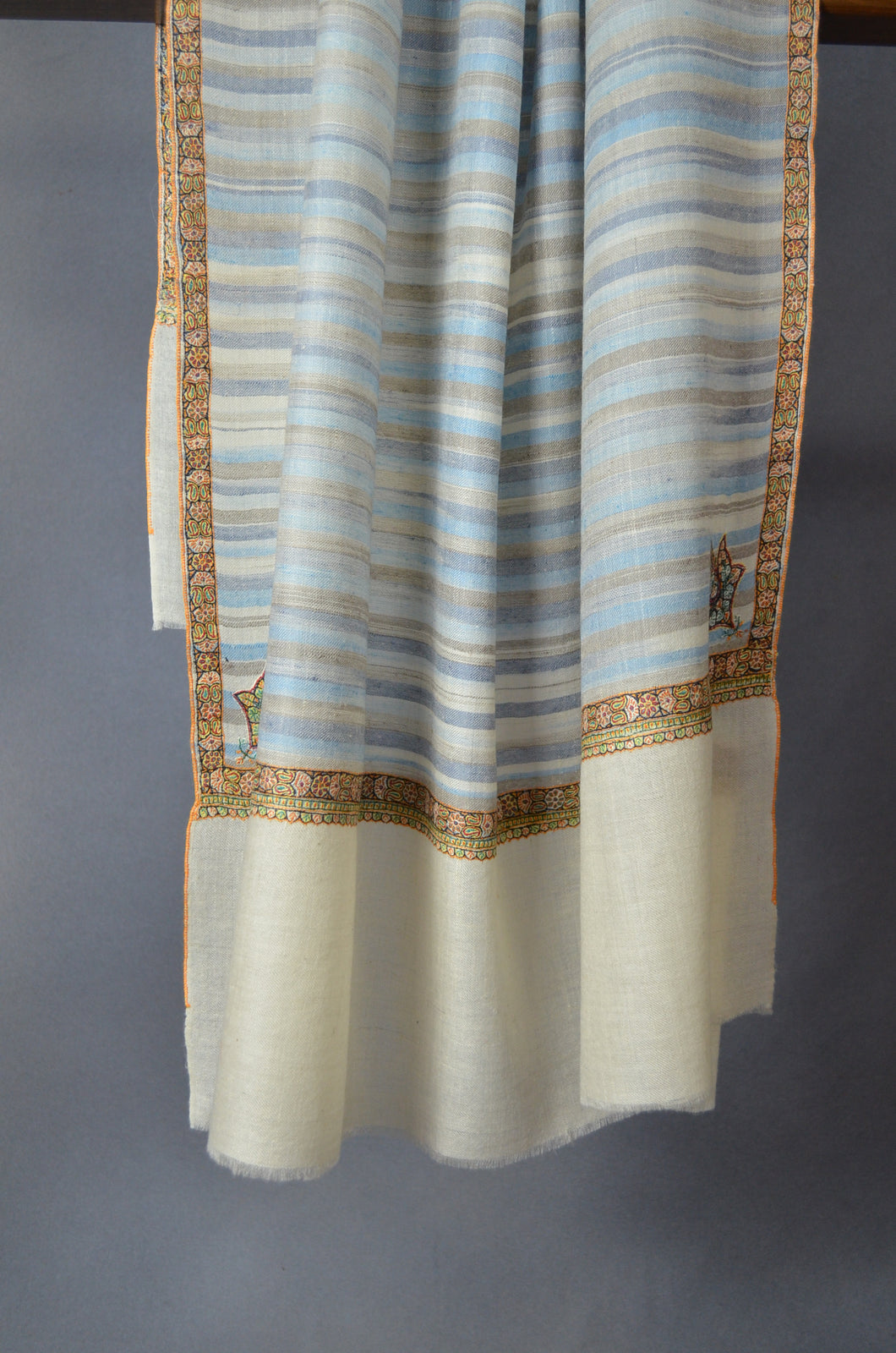 Blue Ikat Border Embroidery Cashmere Pashmina Shawl