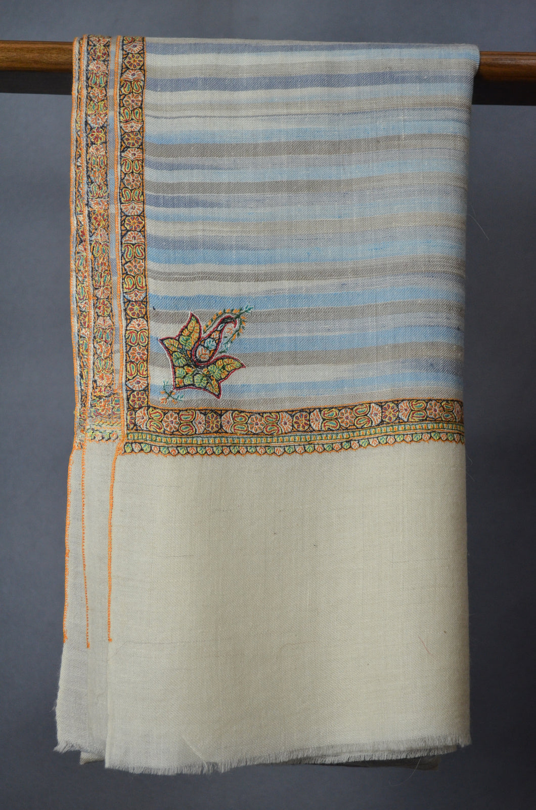 Blue Ikat Border Embroidery Cashmere Pashmina Shawl
