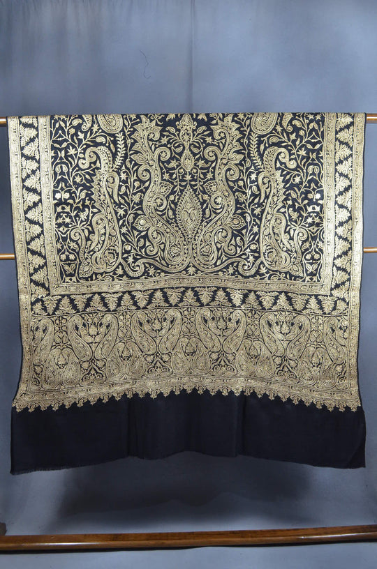 2.5 Yard Black Pashmina Jamawar Full Tilla Embroidery Shawl
