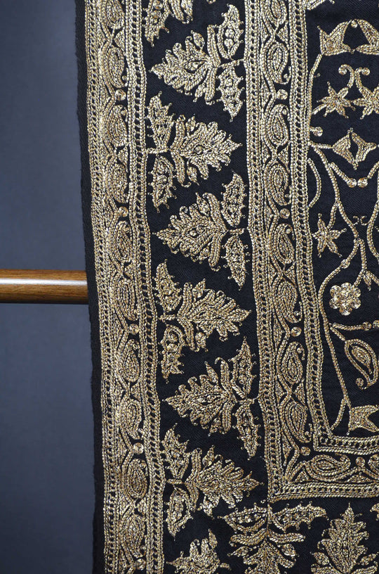 2.5 Yard Black Pashmina Jamawar Full Tilla Embroidery Shawl