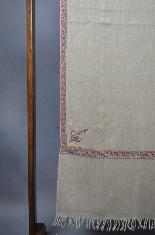 3 Yard Pashmina Pink Border Embroidery Shawl in Natural Base