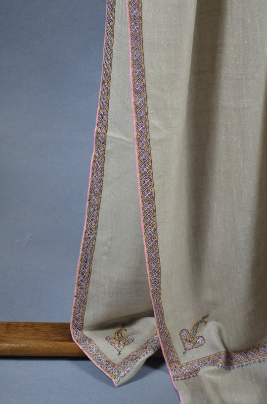 3 Yard Pashmina Pink Border Embroidery Shawl in Natural Base