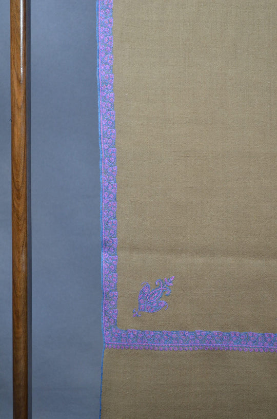 3 Yard Pashmina Purple Border Embroidery Shawl in Natural Base
