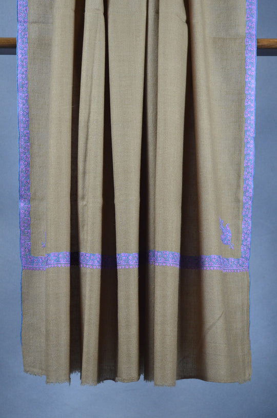 3 Yard Pashmina Purple Border Embroidery Shawl in Natural Base