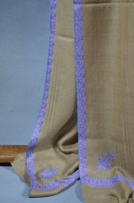 3 Yard Pashmina Purple Border Embroidery Shawl in Natural Base