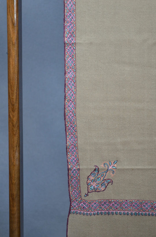 3 Yard Pashmina Turquoise & Pink Border Embroidery Shawl in Natural Base