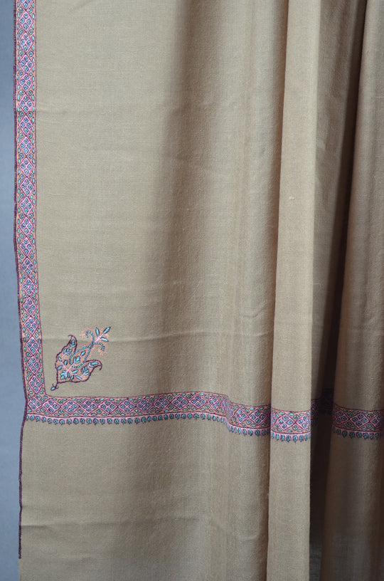 3 Yard Pashmina Turquoise & Pink Border Embroidery Shawl in Natural Base