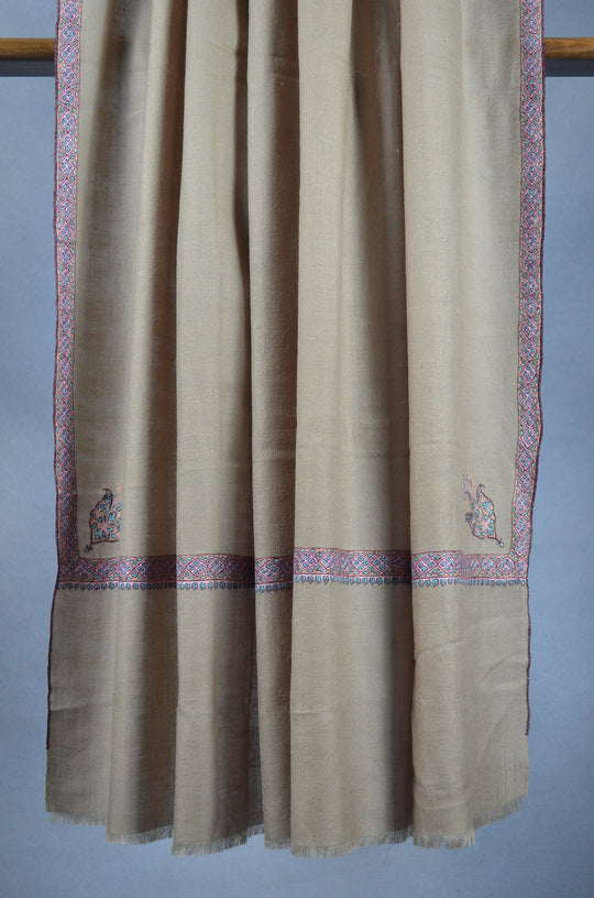 3 Yard Pashmina Turquoise & Pink Border Embroidery Shawl in Natural Base