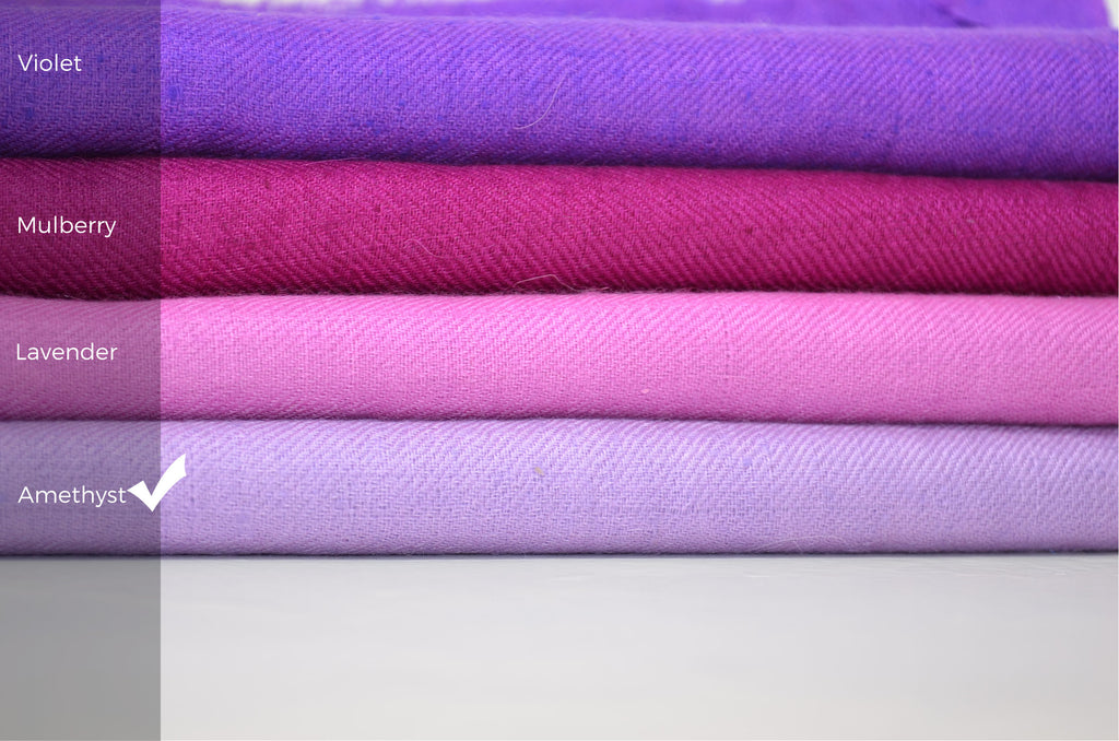 Beautifully light and scrumptiously soft "Amethyst" Cashmere Scarf is hand woven from the highest grade of 100% pure Cashmere from Kashmir.