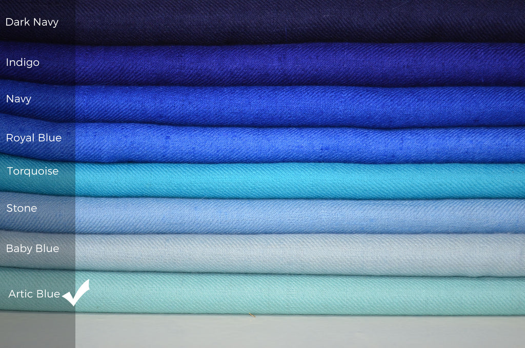 Beautifully light and scrumptiously soft "Arctic Blue" Cashmere Scarf is hand woven from the highest grade of 100% pure Cashmere from Kashmir.