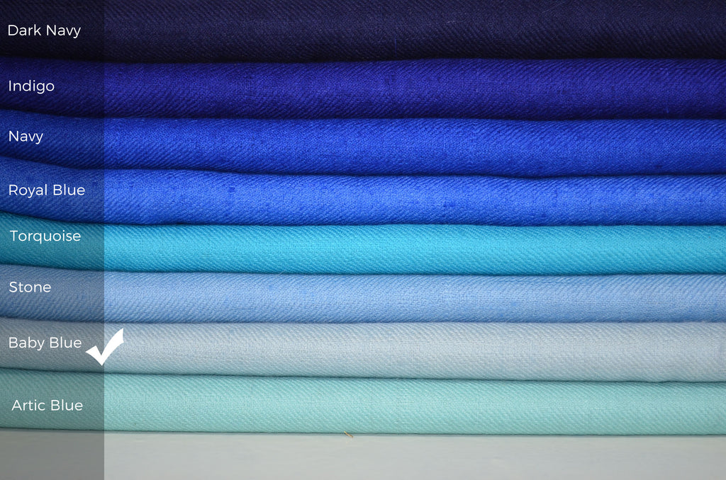 Beautifully light and scrumptiously soft "Baby Blue" Cashmere Scarf is hand woven from the highest grade of 100% pure Cashmere from Kashmir.