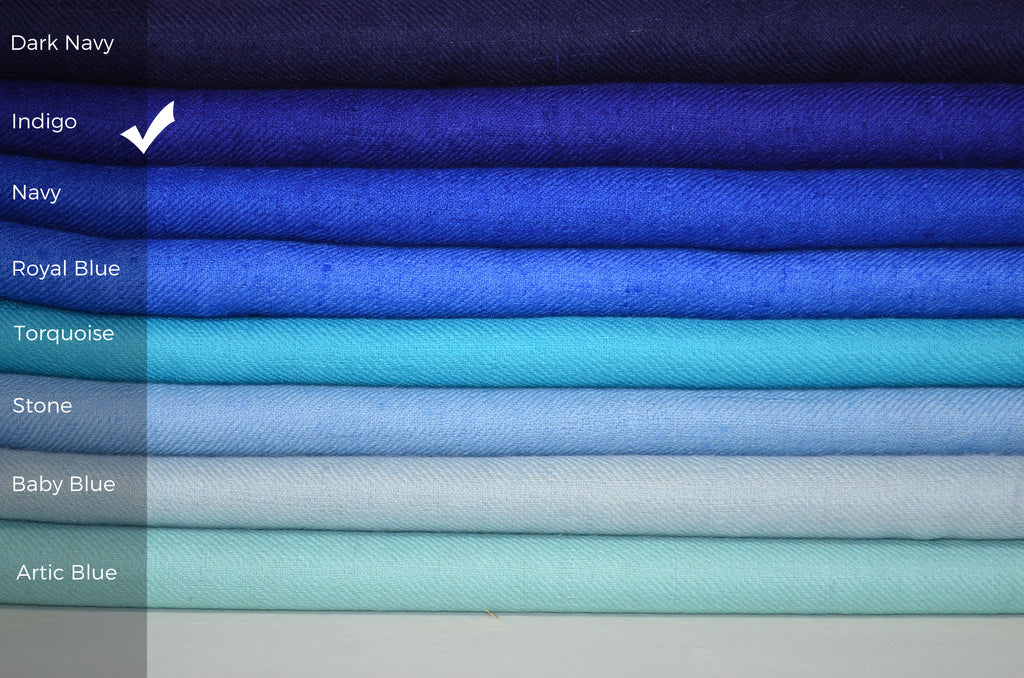 Beautifully light and scrumptiously soft "Indigo" Cashmere Scarf is hand woven from the highest grade of 100% pure Cashmere from Kashmir.