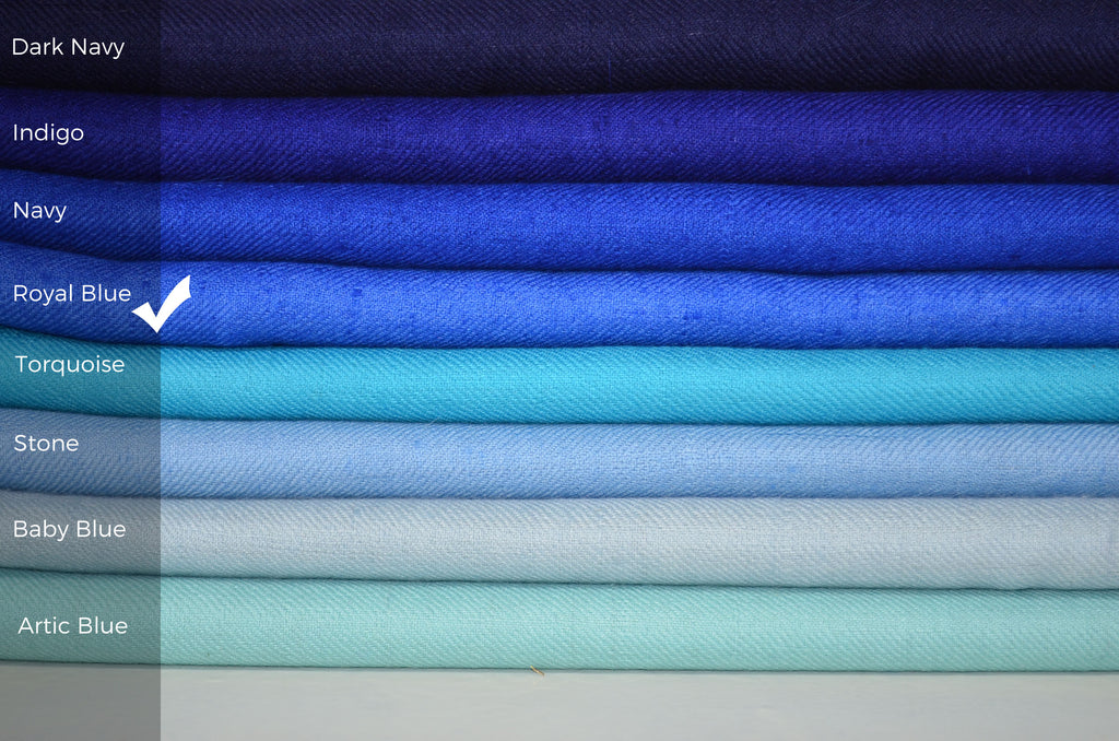 Beautifully light and scrumptiously soft "Royal Blue" Cashmere Scarf is hand woven from the highest grade of 100% pure Cashmere from Kashmir.