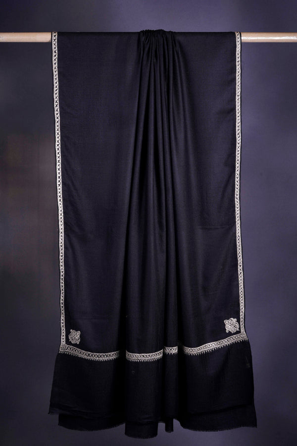 3 yard Black  Base With Tilla Embroidery Pashmina Shawl — Tilla gold embroidery pashmina shawl from Kashmir