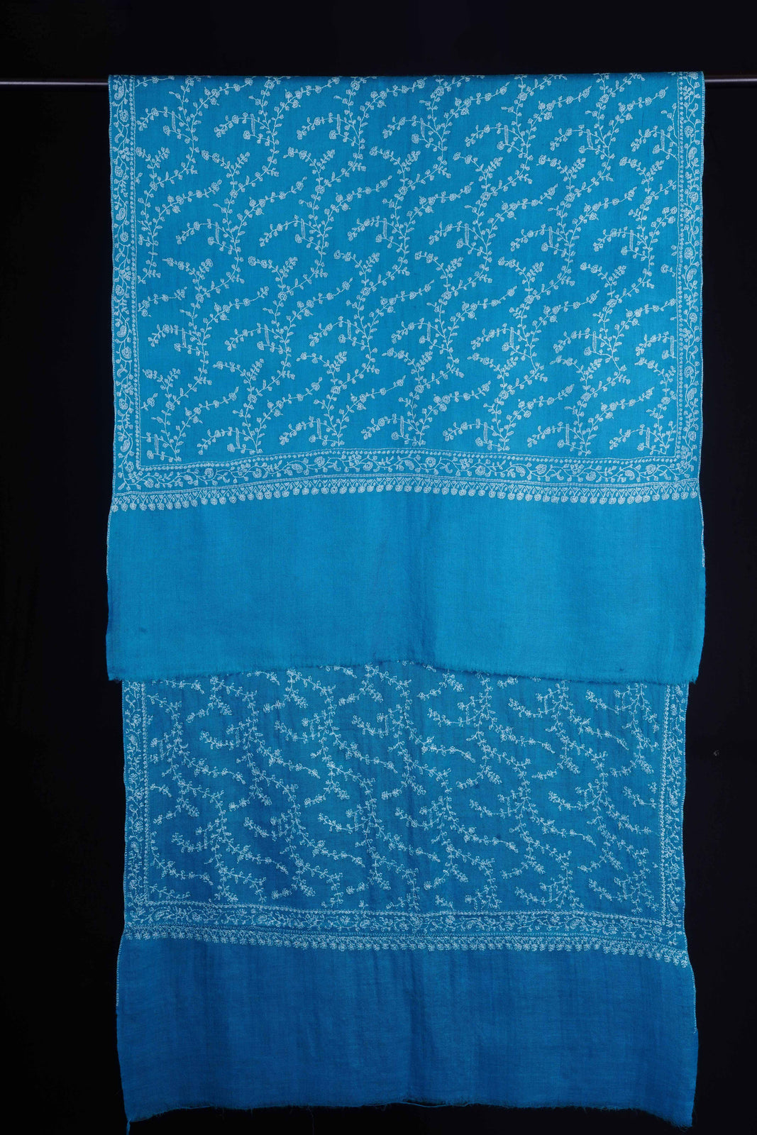 Sea Blue Jali Embroidery Cashmere Pashmina Scarf
