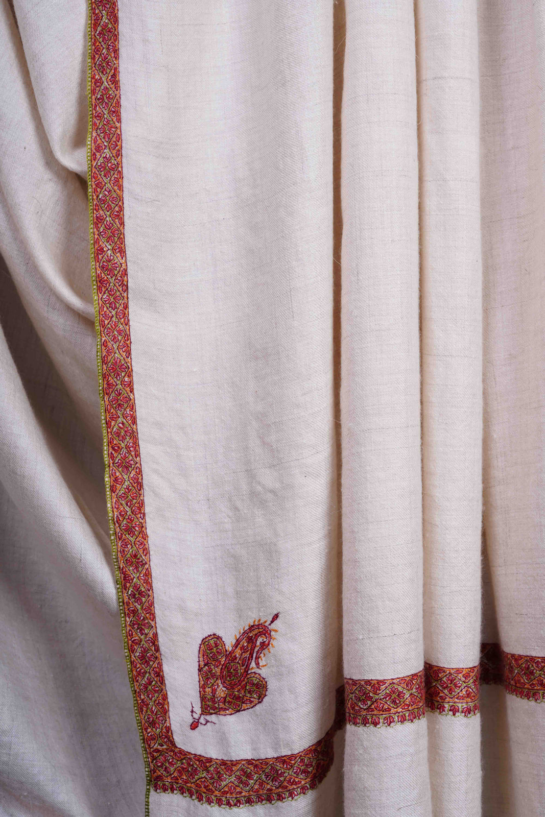 Ivory colour with Small Border Embroidery Cashmere Pashmina Shawl