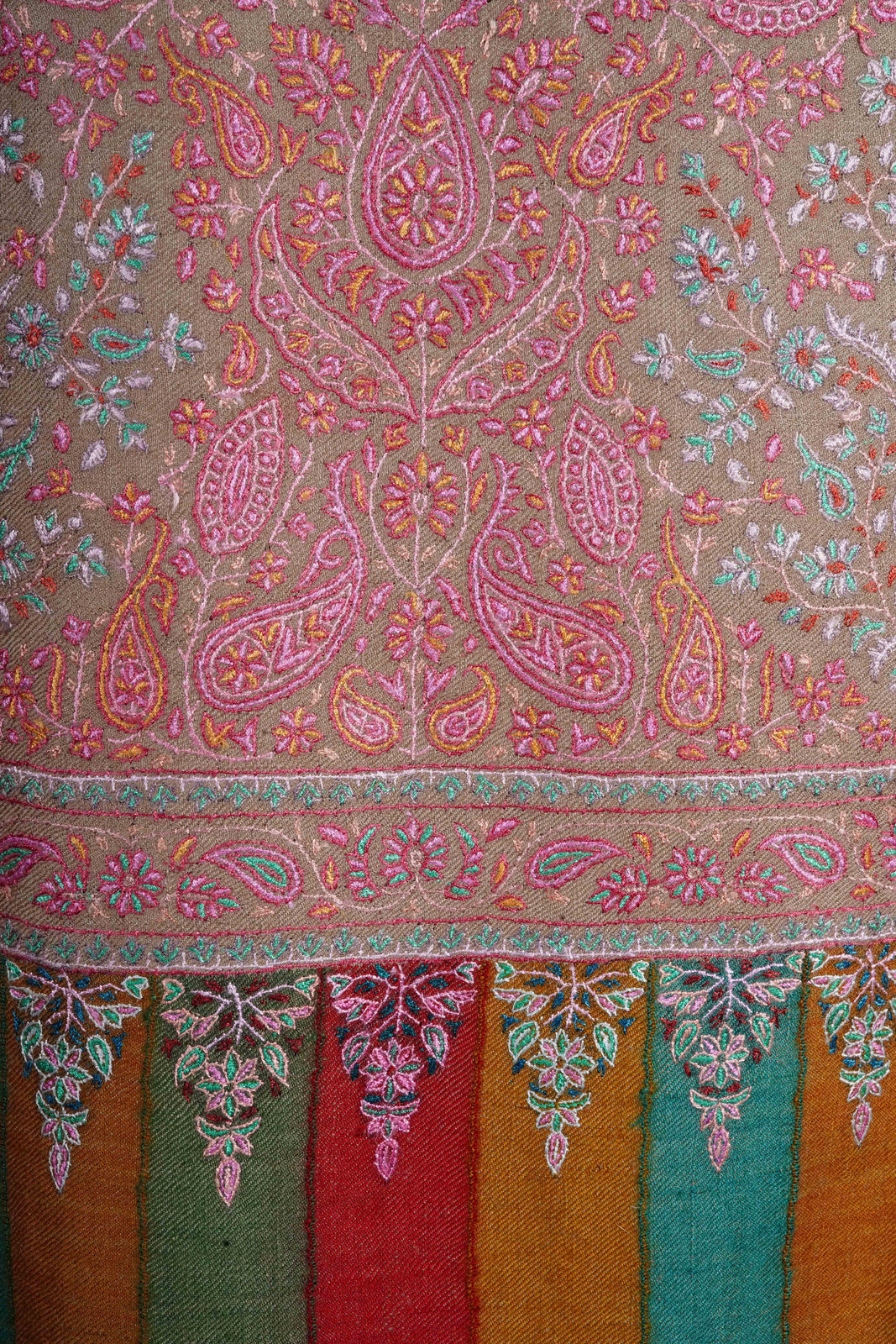 Natural Base Multicolor Embroidery Pashmina Cashmere Shawl
