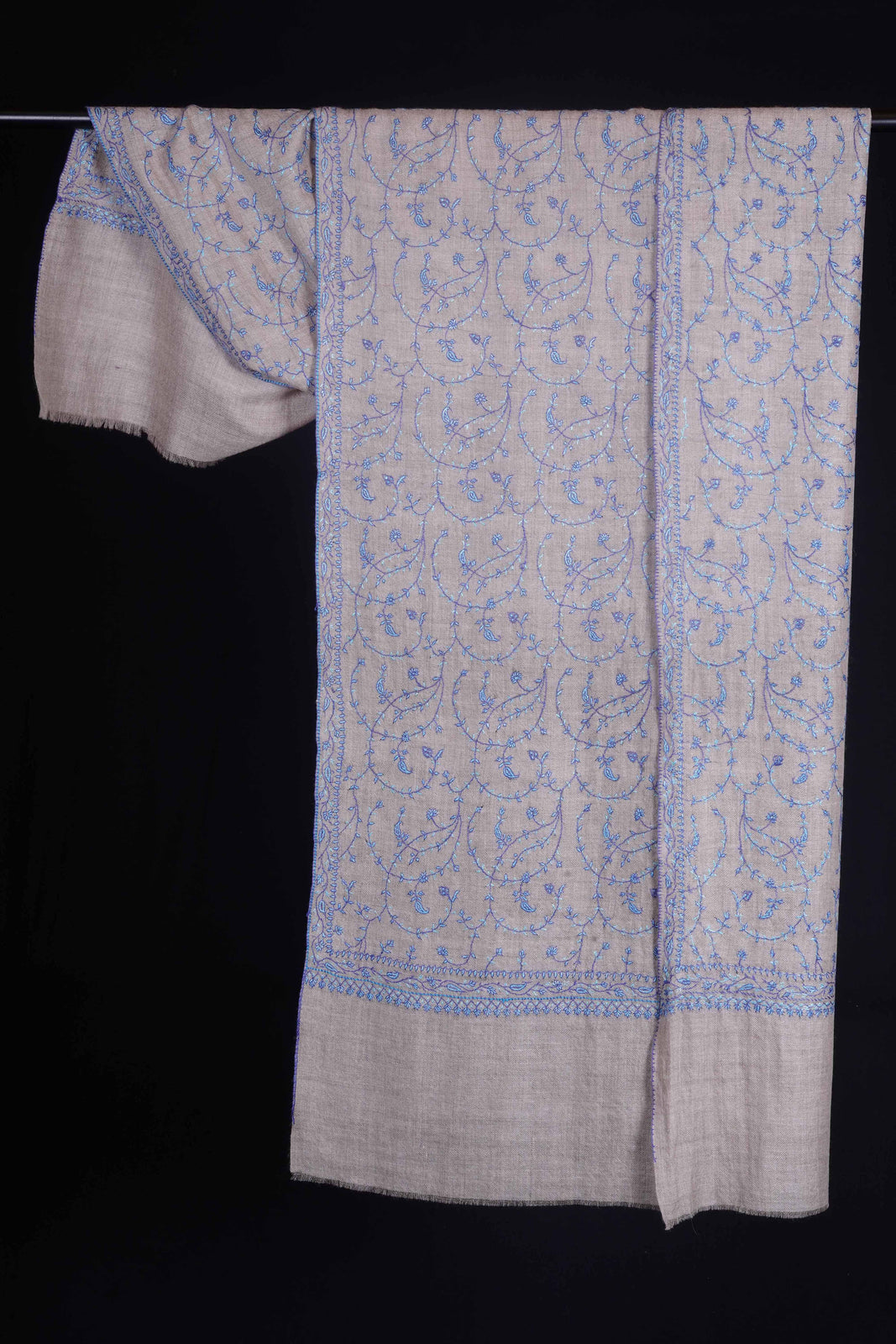 Ivory Jali With Blue Embroidery Pashmina Cashmere Scarf