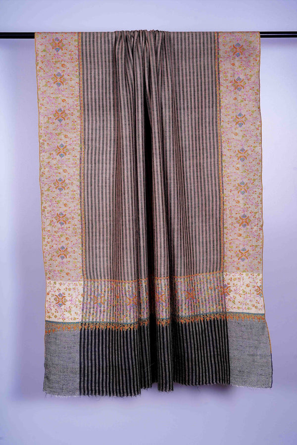 Natural & Black Stripe Border Embroidery Cashmere Pashmina Shawl