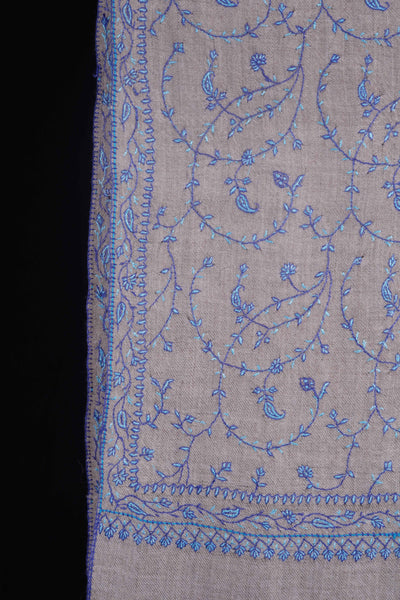 Ivory Jali With Blue Embroidery Pashmina Cashmere Scarf