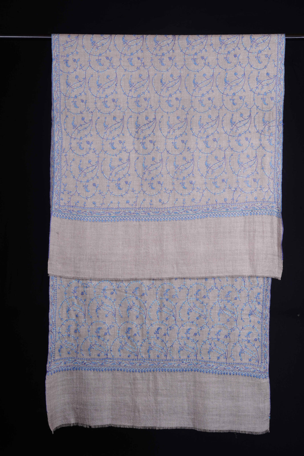 Ivory Jali With Blue Embroidery Pashmina Cashmere Scarf