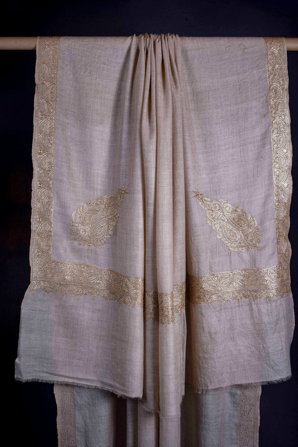 3 Yard Natural Base With Tilla Embroidery Pashmina Shawl — Tilla gold embroidery pashmina shawl from Kashmir