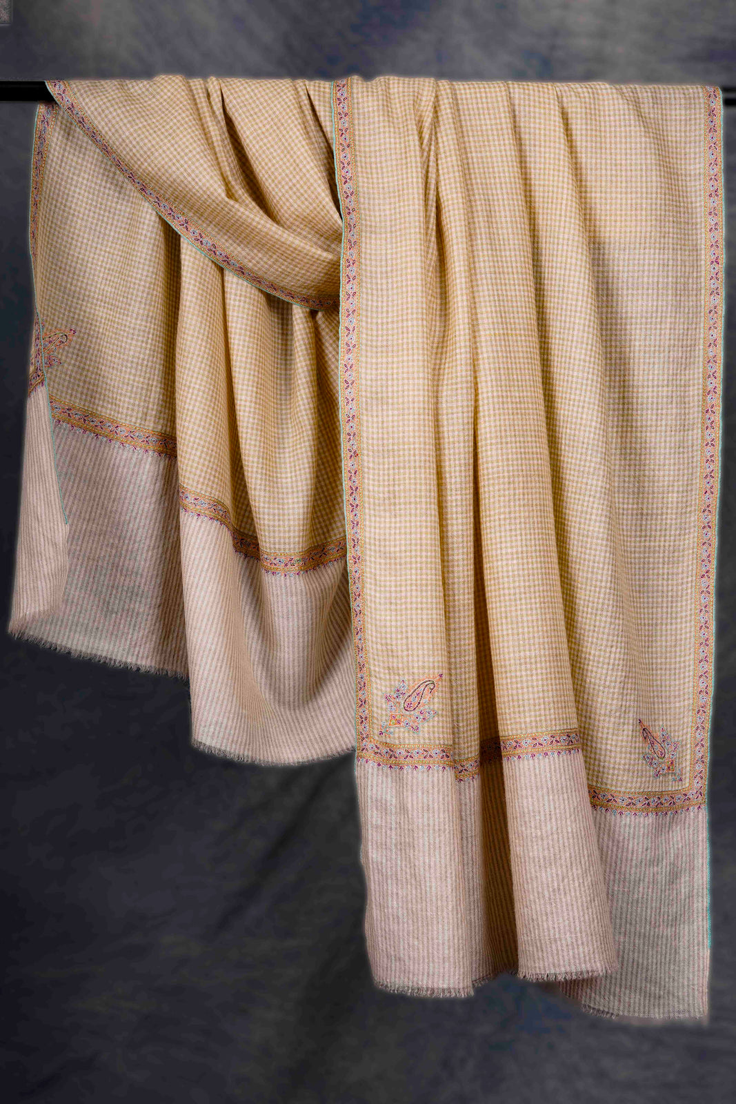 Natural And Ivory Checkered Border Embroidery Cashmere Pashmina Shawl