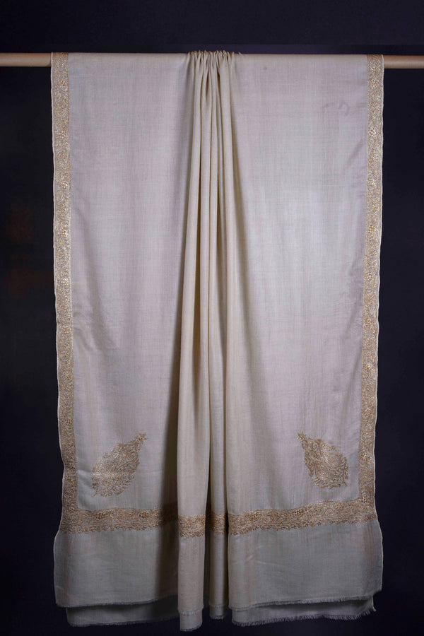 3 Yard Ivory Base With Tilla Embroidery Pashmina Shawl — Tilla gold embroidery pashmina shawl from Kashmir