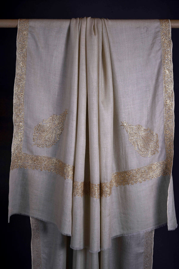 3 Yard Ivory Base With Tilla Embroidery Pashmina Shawl — pashmina shawl detail