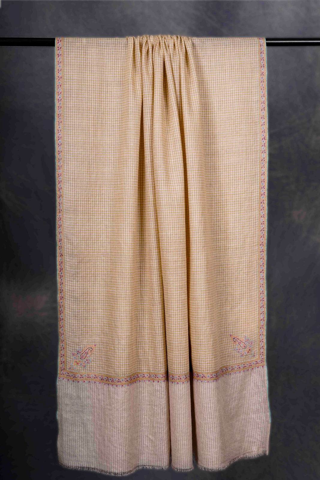 Natural And Ivory Checkered Border Embroidery Cashmere Pashmina Shawl