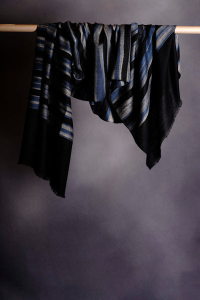 Black and Blue Big Stripe Handwoven Cashmere Pashmina Scarf