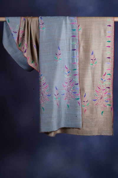 Blue And Natural Base Reversible Big Border Embroidery Cashmere Pashmina Shawl