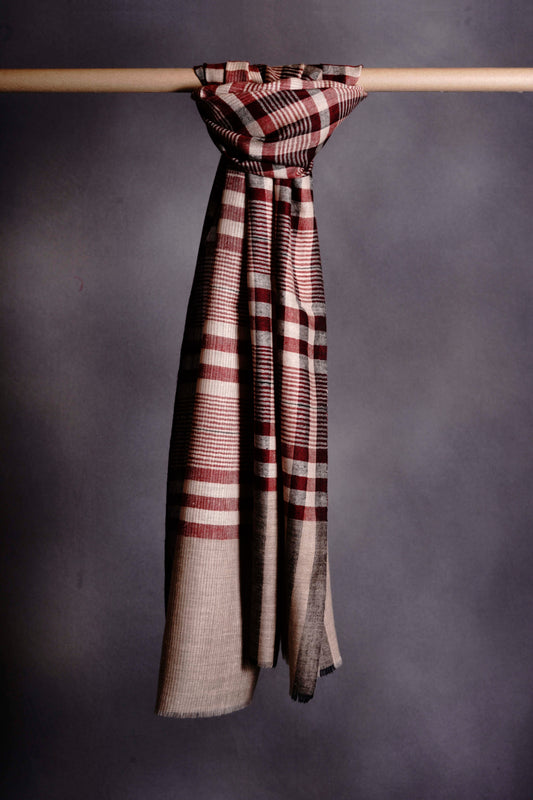Maroon and Ivory Stripe Handwoven Cashmere Pashmina Scarf