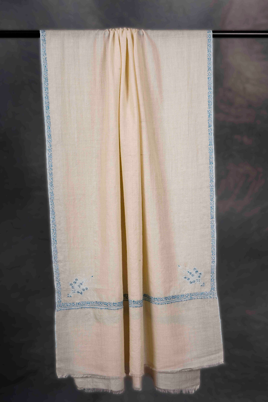 Ivory With Blue Border Embroidery Cashmere Pashmina Scarf