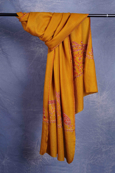 Mustard Big Border Sozni Embroidery Merino Wool Scarf