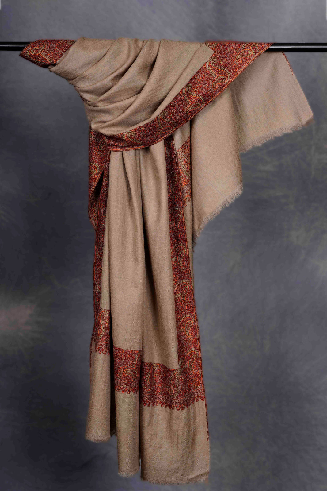 Natural Base Big Border Embroidery Cashmere Pashmina Shawl