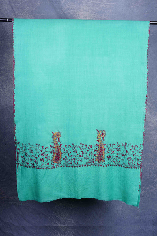 Green Big Border Sozni Embroidery Merino Wool Scarf