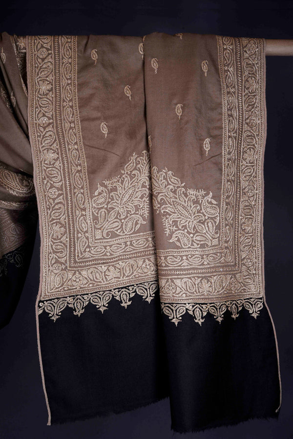 2.5 Yard Black and Natural Tilla Embroidery Pashmina Shawl — Tilla gold embroidery pashmina shawl from Kashmir