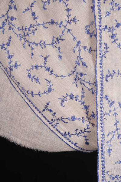 White Jali With Blue Embroidery Pashmina Cashmere Scarf