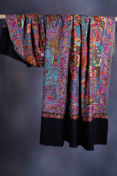 Black Base papier-mâché Jamawar Embroidery Pashmina Shawl