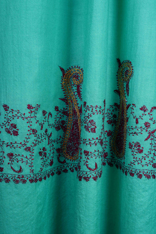 Green Big Border Sozni Embroidery Merino Wool Scarf