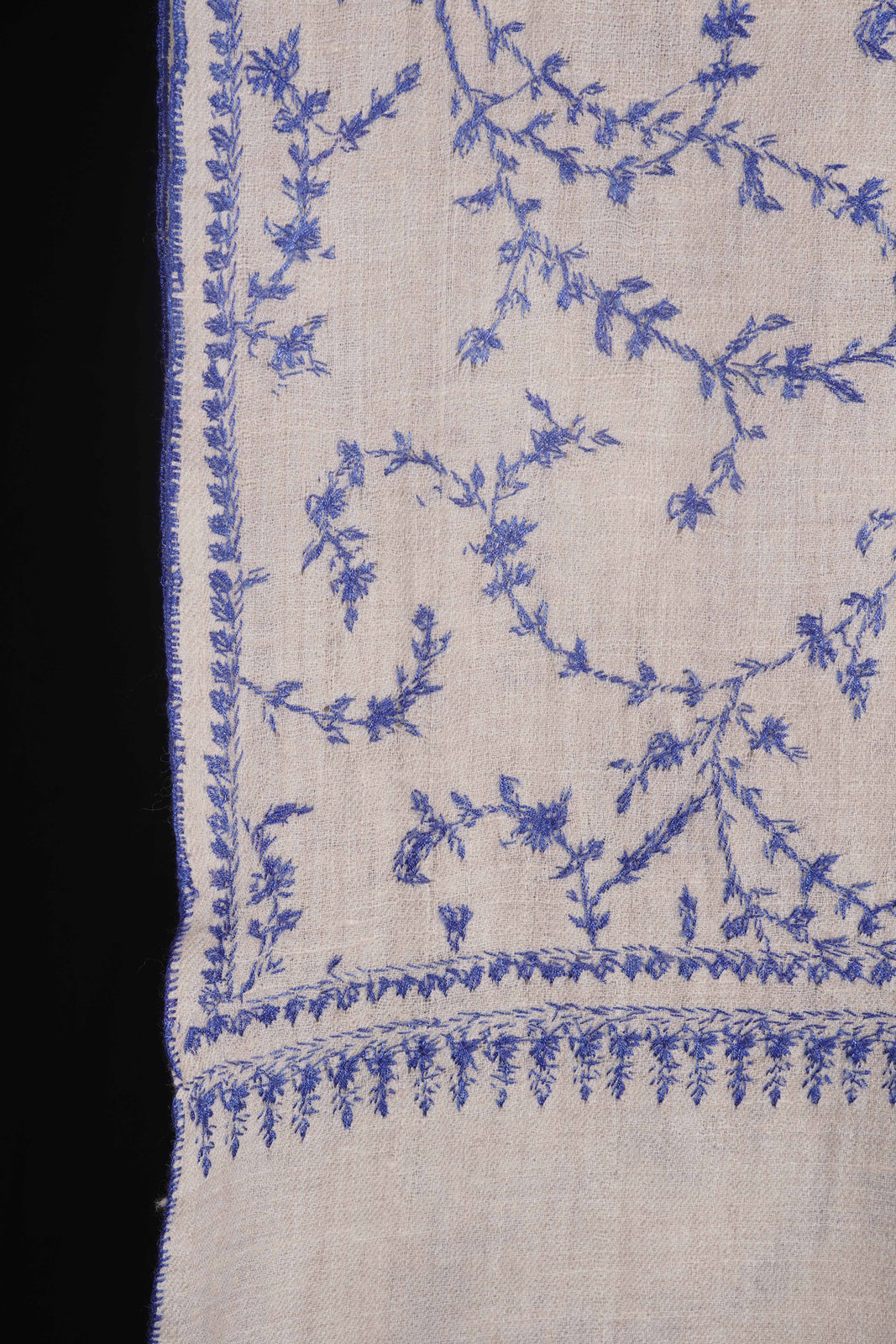 White Jali With Blue Embroidery Pashmina Cashmere Scarf