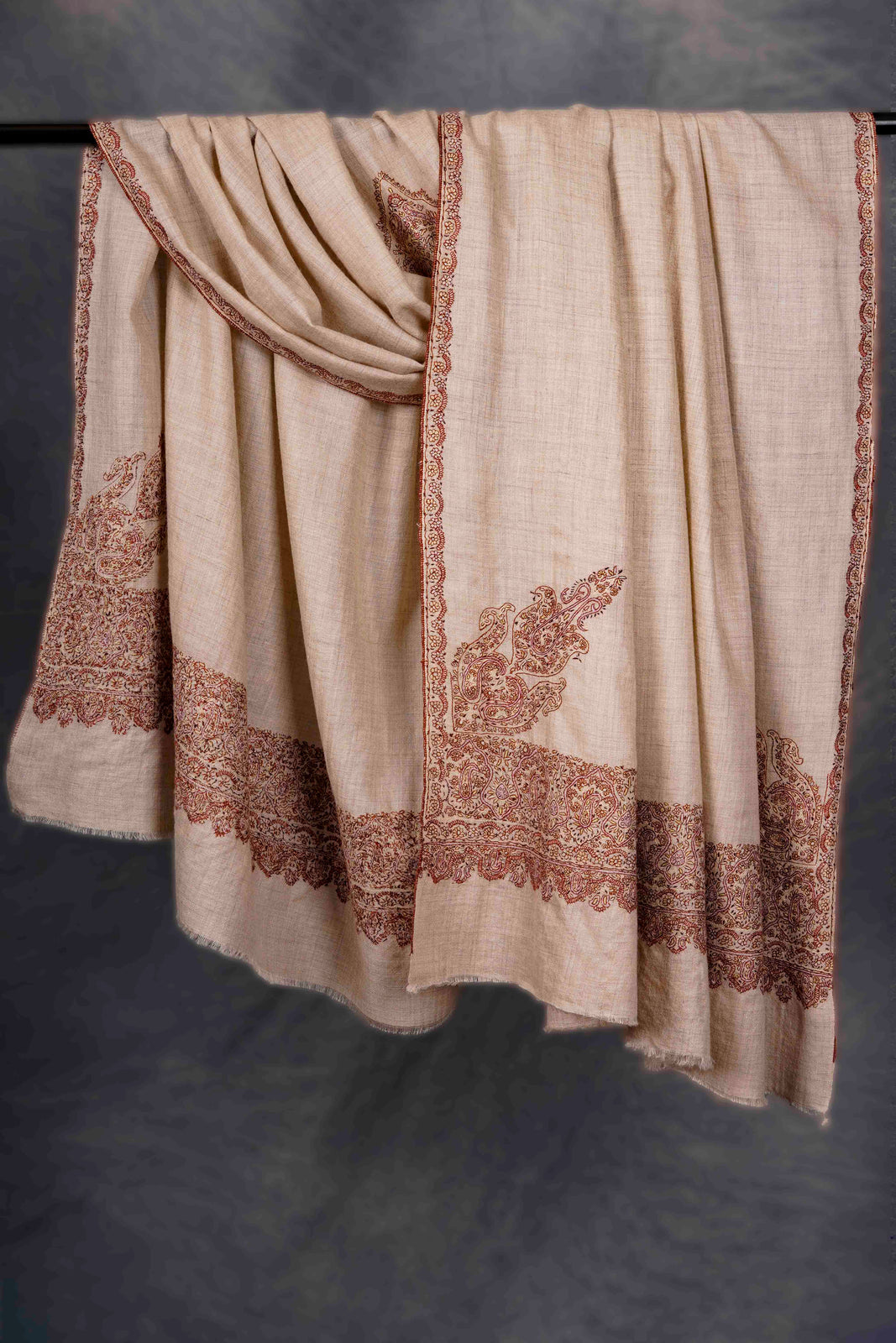 Ivory With Brown Border Embroidery Cashmere Pashmina Shawl