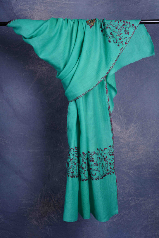 Green Big Border Sozni Embroidery Merino Wool Scarf