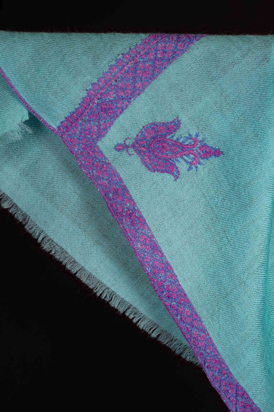 Seafoam Green Base With Purple Color Border Embroidery Cashmere Pashmina Scarf