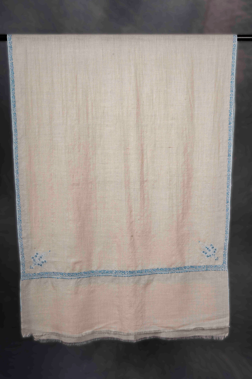 Ivory With Blue Border Embroidery Cashmere Pashmina Scarf